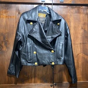 Black Leather Jacket Express Size Large Gold Buttons Vintage Motorcycle